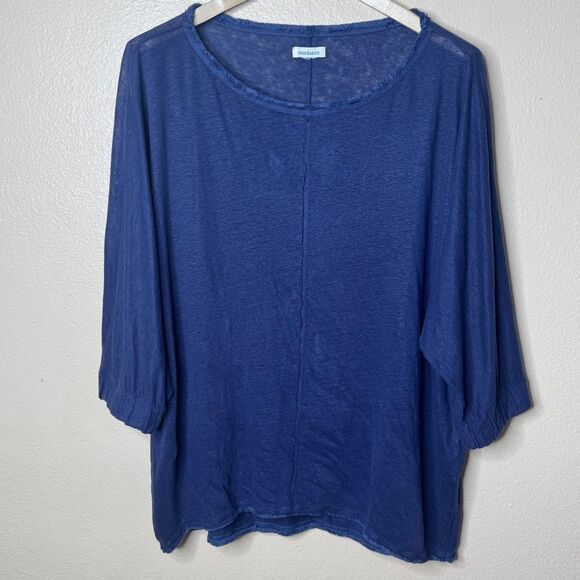 Sundance Shirt Women's Large Navy Frayed Neck Linen 3/4 Sleeve Oversized Boho - Picture 1 of 7